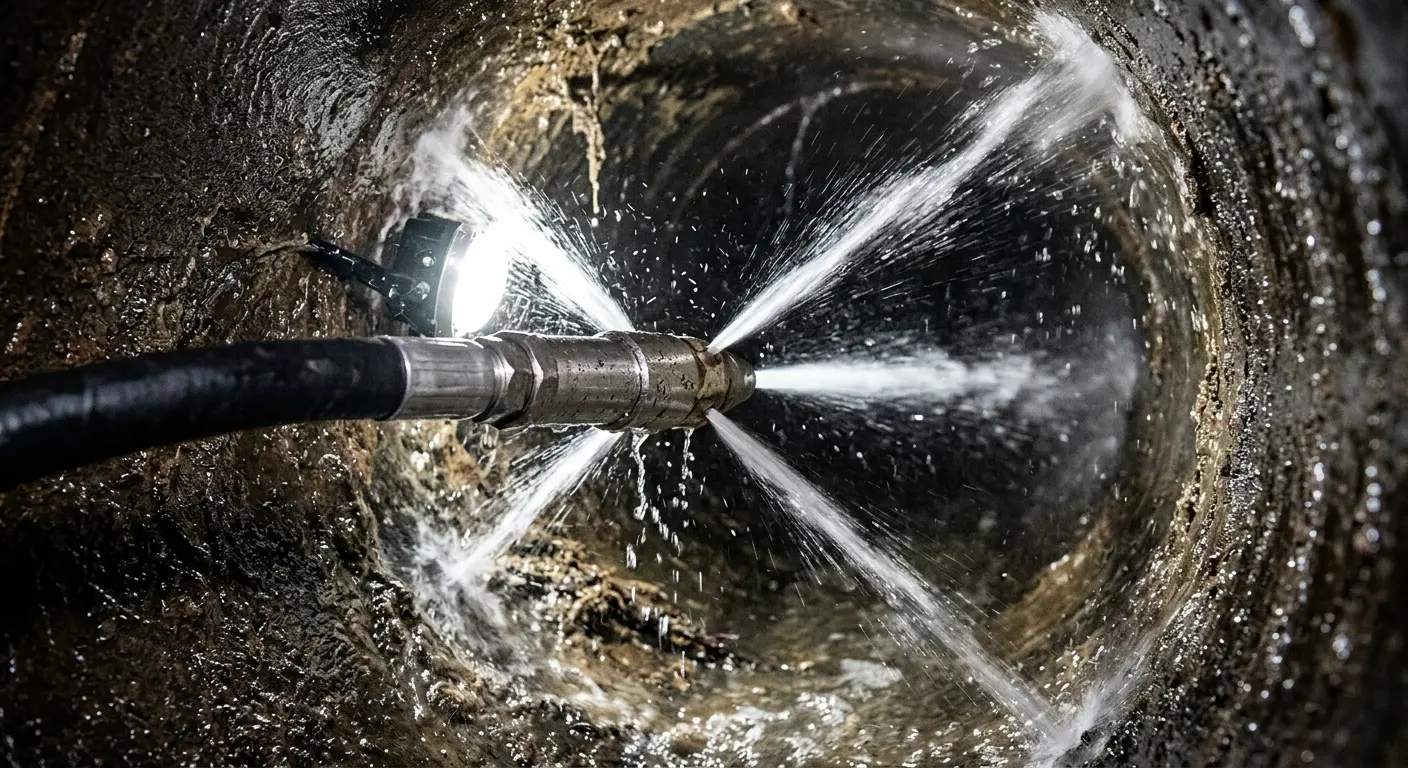 High-pressure hydro jetting nozzle cleaning sewer pipe for Storm Drain Cleaning in Tucson