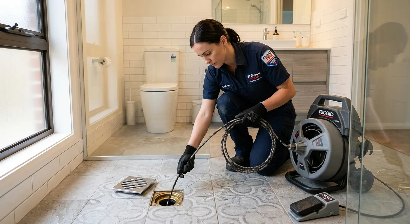 Technician clearing a bathroom floor drain for Sewer Line Replacement in Tucson